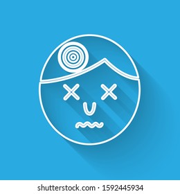 White line Man having headache, migraine icon isolated with long shadow.  Vector Illustration