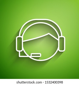 White line Man with a headset icon isolated on green background. Support operator in touch. Concept for call center, client support service.  Vector Illustration