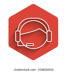 White line Man with a headset icon isolated with long shadow. Support operator in touch. Concept for call center, client support service. Red hexagon button. Vector Illustration