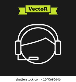 White line Man with a headset icon isolated on black background. Support operator in touch. Concept for call center, client support service.  Vector Illustration