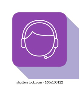 White line Man with a headset icon isolated on white background. Support operator in touch. Concept for call center, client support service. Purple square button. Vector Illustration