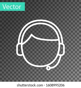 White line Man with a headset icon isolated on transparent background. Support operator in touch. Concept for call center, client support service.  Vector Illustration