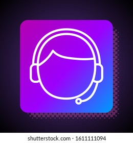 White line Man with a headset icon isolated on black background. Support operator in touch. Concept for call center, client support service. Square color button. Vector Illustration