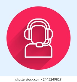 White line Man with a headset icon isolated with long shadow. Support operator in touch. Concept for call center, client support service. Red circle button. Vector