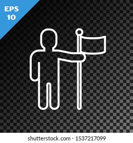 White line Man holding flag icon isolated on transparent dark background.  Vector Illustration