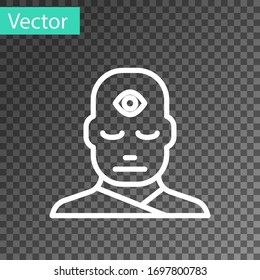 Hombre de línea blanca con un icono del tercer ojo aislado en fondo transparente. El concepto de meditación, visión de energía, aura. Ilustración vectorial