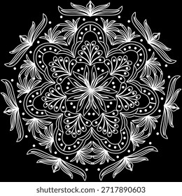 : Patrón blanco del mandala de la línea en el fondo negro, ornamento floral para la meditación y la decoración del yoga.