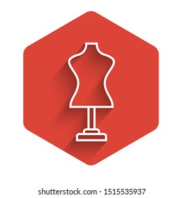 White line Mannequin icon isolated with long shadow. Tailor dummy. Red hexagon button. Vector Illustration