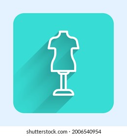 White line Mannequin icon isolated with long shadow. Tailor dummy. Green square button. Vector