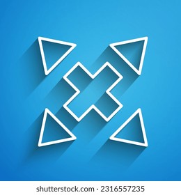 Línea blanca El icono de flecha direccional de muchas maneras está aislado en el fondo azul. Larga sombra. Vector