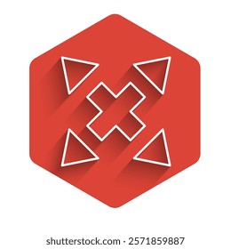 White line Many ways directional arrow icon isolated with long shadow background. Red hexagon button. Vector