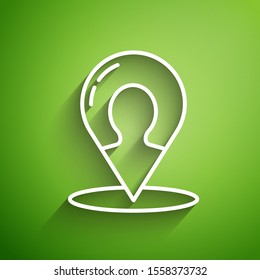 White line Map marker with a silhouette of a person icon isolated on green background. GPS location symbol.  Vector Illustration