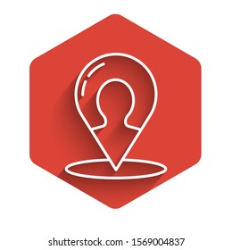 White line Map marker with a silhouette of a person icon isolated with long shadow. GPS location symbol. Red hexagon button. Vector Illustration