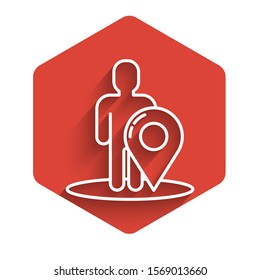 White line Map marker with a silhouette of a person icon isolated with long shadow. GPS location symbol. Red hexagon button. Vector Illustration