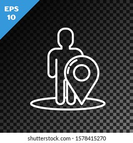 White line Map marker with a silhouette of a person icon isolated on transparent dark background. GPS location symbol.  Vector Illustration