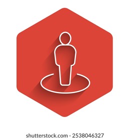 White line Map marker with a silhouette of a person icon isolated with long shadow background. GPS location symbol. Red hexagon button. Vector