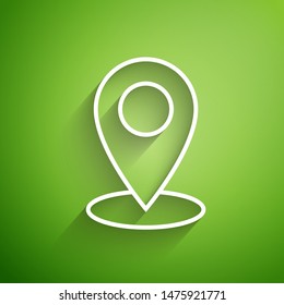White line Map pin icon isolated on green background. Navigation, pointer, location, map, gps, direction, place, compass, contact, search concept.  Vector Illustration