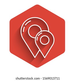 White line Map pin icon isolated with long shadow. Navigation, pointer, location, map, gps, direction, place, compass, contact, search concept. Red hexagon button. Vector Illustration