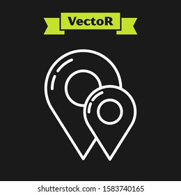 White line Map pin icon isolated on black background. Navigation, pointer, location, map, gps, direction, place, compass, contact, search concept.  Vector Illustration