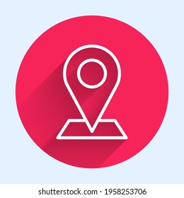 White line Map pin icon isolated with long shadow. Navigation, pointer, location, map, gps, direction, place, compass, search concept. Red circle button. Vector Illustration