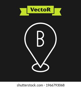 White line Map pin icon isolated on black background. Navigation, pointer, location, map, gps, direction, place, compass, search concept.  Vector