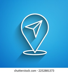 White line Map pin icon isolated on blue background. Navigation, pointer, location, map, gps, direction, place, compass, search concept. Long shadow. Vector