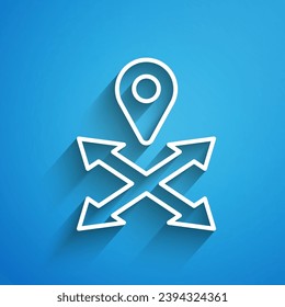 White line Map pin icon isolated on blue background. Navigation, pointer, location, map, gps, direction, place, compass, search concept. Long shadow. Vector