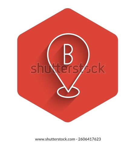 White line Map pin icon isolated with long shadow. Navigation, pointer, location, map, gps, direction, place, compass, search concept. Red hexagon button. Vector