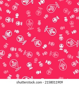 White line Map pointer with anchor icon isolated seamless pattern on red background.  Vector