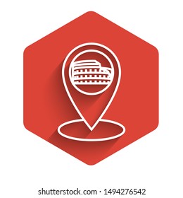 White line Map pointer with Coliseum in Rome, Italy icon isolated with long shadow. Colosseum sign. Symbol of Ancient Rome, gladiator fights. Red hexagon button. Vector Illustration