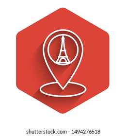 White line Map pointer with Eiffel tower icon isolated with long shadow. France Paris landmark symbol. Red hexagon button. Vector Illustration