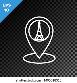 White line Map pointer with Eiffel tower icon isolated on transparent dark background. France Paris landmark symbol.  Vector Illustration