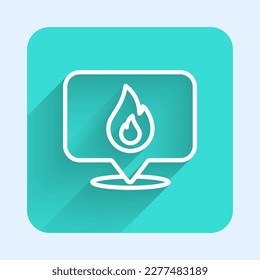 White line Map pointer with fire flame icon isolated with long shadow background. Fire nearby. Green square button. Vector