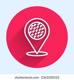 White line Map pointer with golf sport club icon isolated with long shadow. Red circle button. Vector