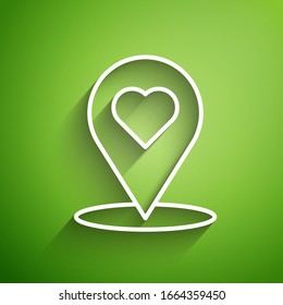 White line Map pointer with heart icon isolated on green background. Valentines day. Love location. Romantic map pin.  Vector Illustration