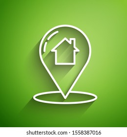 White line Map pointer with house icon isolated on green background. Home location marker symbol.  Vector Illustration
