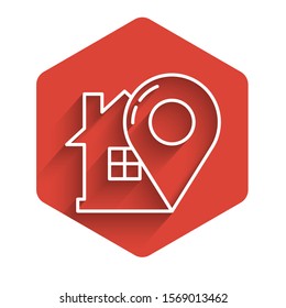 White line Map pointer with house icon isolated with long shadow. Home location marker symbol. Red hexagon button. Vector Illustration