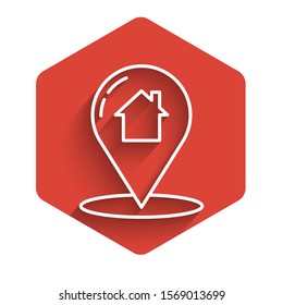 White line Map pointer with house icon isolated with long shadow. Home location marker symbol. Red hexagon button. Vector Illustration