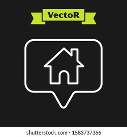 White line Map pointer with house icon isolated on black background. Home location marker symbol.  Vector Illustration