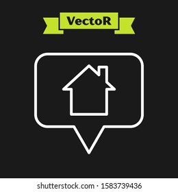 White line Map pointer with house icon isolated on black background. Home location marker symbol.  Vector Illustration