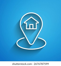 White line Map pointer with house icon isolated on blue background. Home location marker symbol. Long shadow. Vector