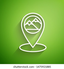 White line Map pointer with mountain icon isolated on green background. Mountains travel icon.  Vector Illustration