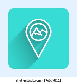 White line Map pointer with mountain icon isolated with long shadow. Mountains travel icon. Green square button. Vector