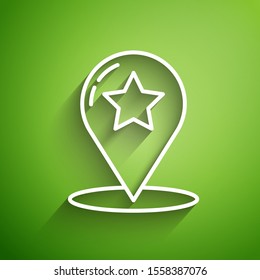 White line Map pointer with star icon isolated on green background. Star favorite pin map icon. Map markers.  Vector Illustration