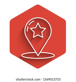 White line Map pointer with star icon isolated with long shadow. Star favorite pin map icon. Map markers. Red hexagon button. Vector Illustration