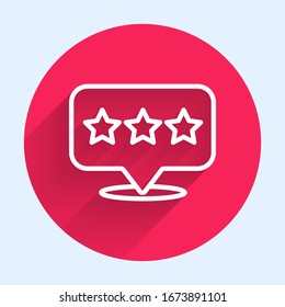 White line Map pointer with star icon isolated with long shadow. Star favorite pin map icon. Map markers. Red circle button. Vector Illustration