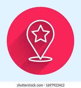 White line Map pointer with star icon isolated with long shadow. Star favorite pin map icon. Map markers. Red circle button. Vector Illustration