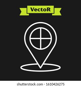 White line Map pointer with taxi icon isolated on black background. Location symbol.  Vector Illustration