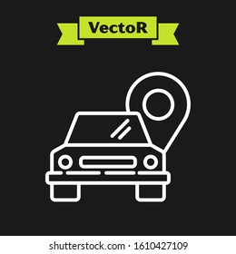 White line Map pointer with taxi icon isolated on black background. Location symbol.  Vector Illustration