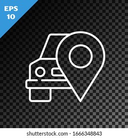 White line Map pointer with taxi icon isolated on transparent dark background. Location symbol.  Vector Illustration